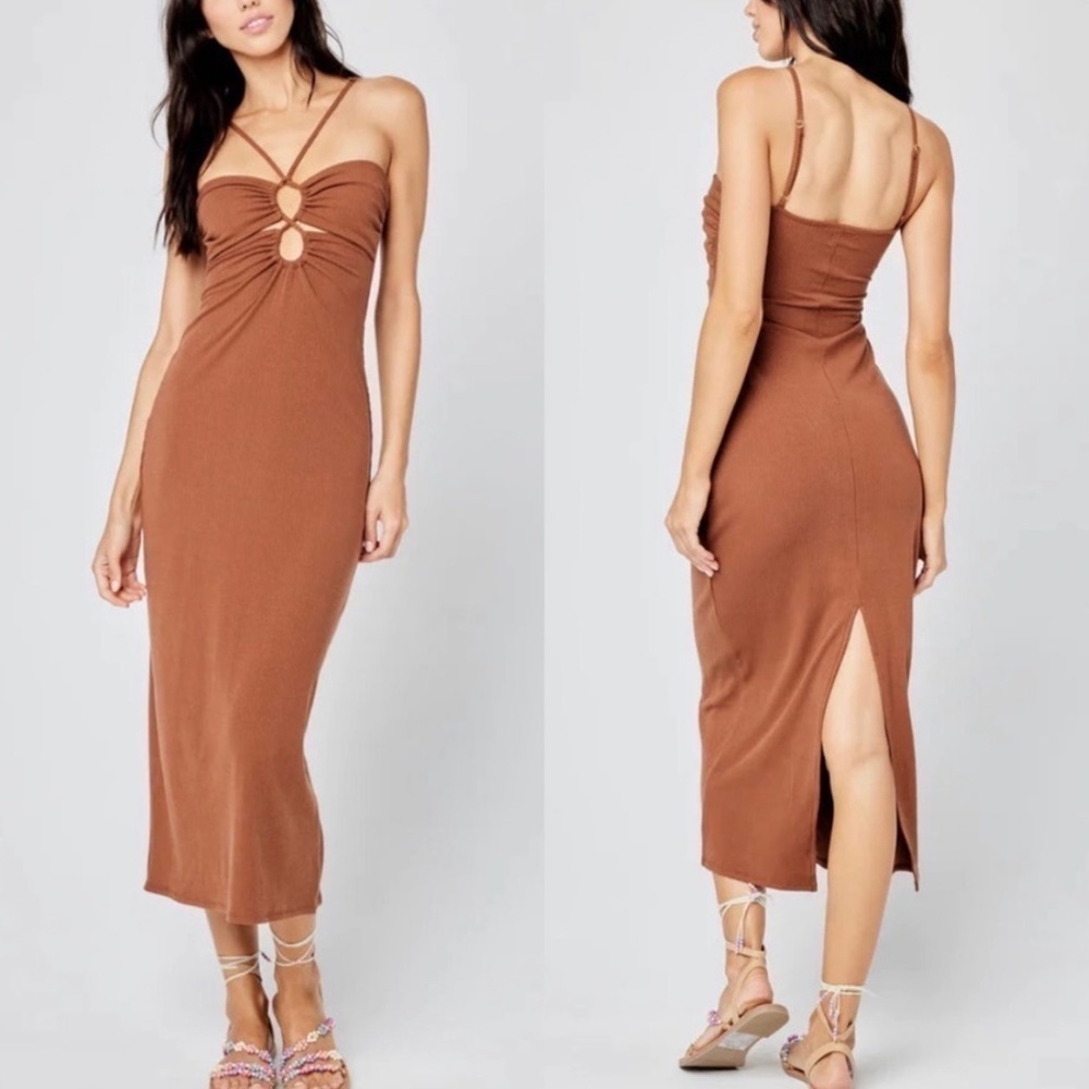 NWT L*Space Ellery Ribbed Slit Halter Midi Dress in Brown